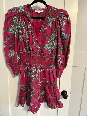 Fuchsia Floral V-Neck Smocked Mini Dress